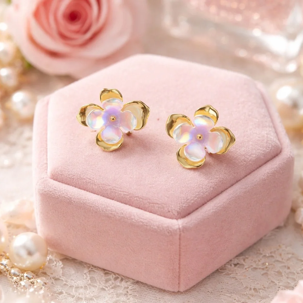 Elegant Gold and Iridescent Flower Earrings